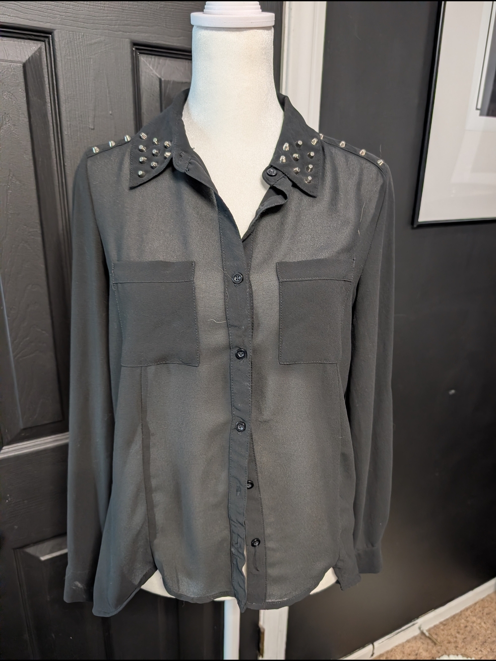 Chloe K Black Studded-Collar Button Blouse